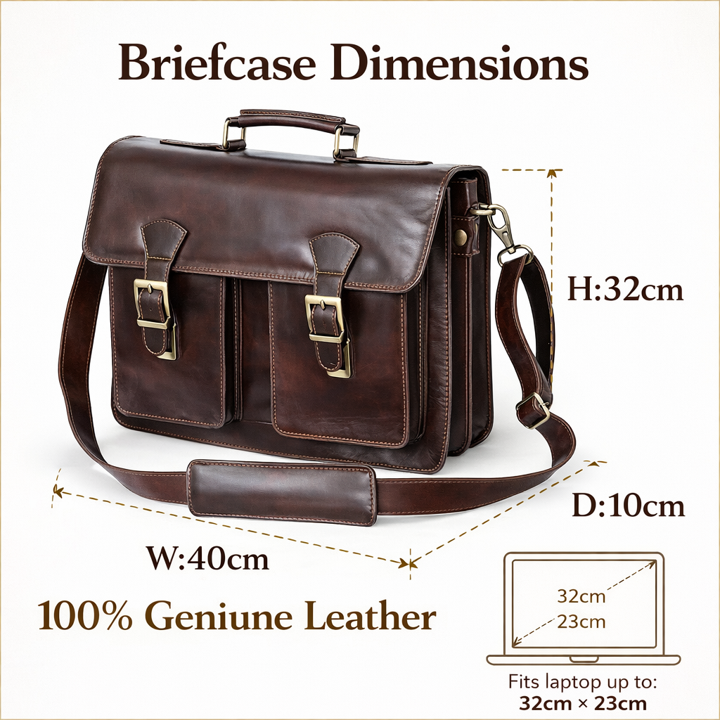 Mens Full Grain Leather Laptop Bag | Personalised Leather Briefcase | Fits 15 Inch